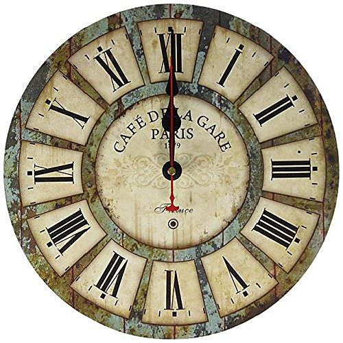 

12-inch wooden clock, vintage wood wall clock - [cafe de la gare] retro style france paris london country non-ticking silent wooden wall clock (#03)