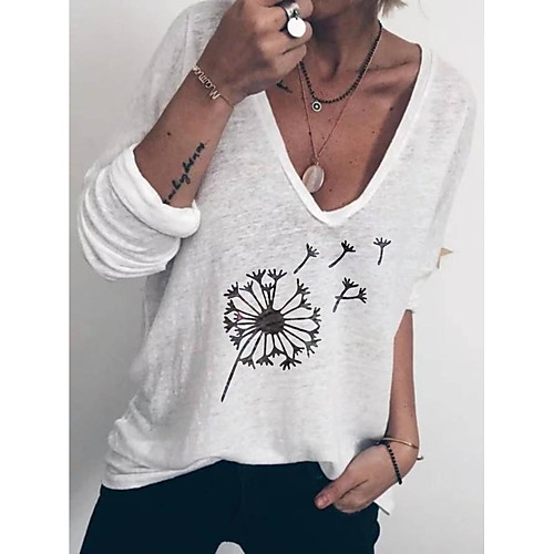 

Women's T-shirt Floral Flower Long Sleeve Print V Neck Tops Cotton Basic Basic Top White Blue Yellow