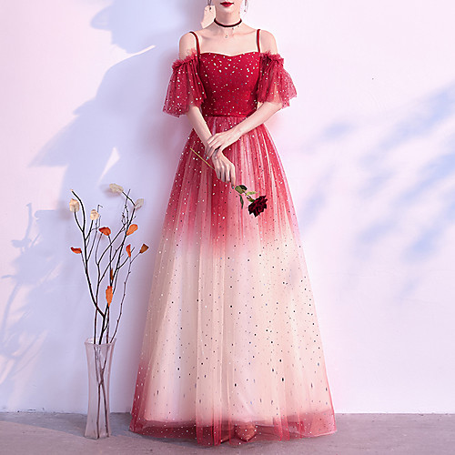 

A-Line Minimalist Vintage Engagement Formal Evening Dress Spaghetti Strap Short Sleeve Floor Length Tulle with Sequin 2021