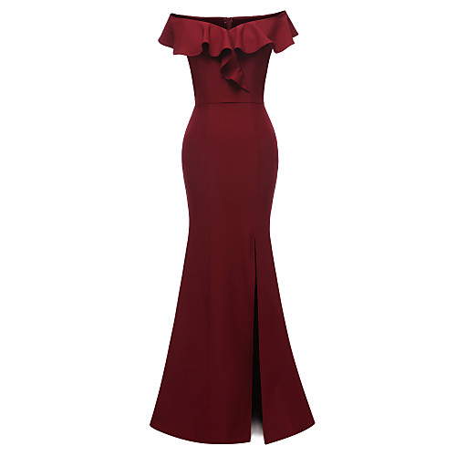 

Mermaid / Trumpet Minimalist Elegant Party Wear Formal Evening Dress Off Shoulder Short Sleeve Floor Length Satin with Ruffles Split 2021
