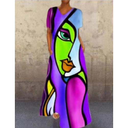 

Women's Shift Dress Maxi long Dress Blue Purple Blushing Pink Orange Green Rainbow Short Sleeve Print Patchwork Print Summer V Neck Casual 2021 S M L XL XXL 3XL