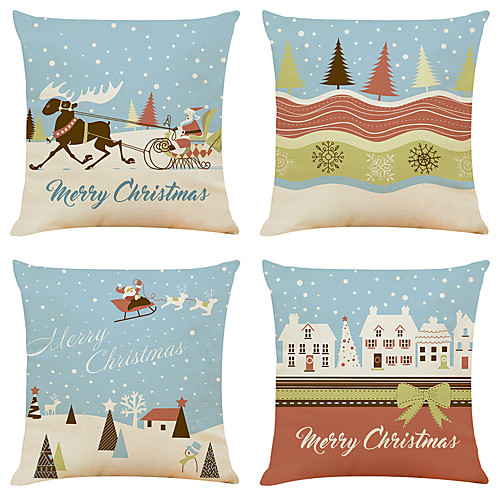 

1 Set of 4 pcs Christmas Series Decorative Linen Throw Pillow Cover 18 x 18 inches 45 x 45 cm