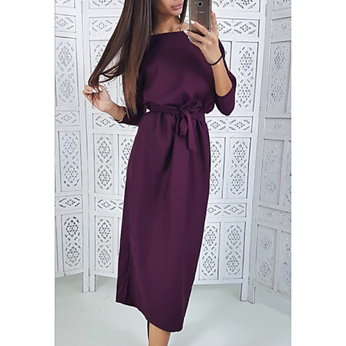 

Women's A Line Dress Knee Length Dress Purple Red Green Long Sleeve Solid Color Patchwork Winter Round Neck Casual 2021 S M L XL XXL