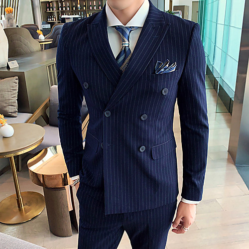 

Tuxedos Tailored Fit Notch Double Breasted Four-buttons Polyester Stripes