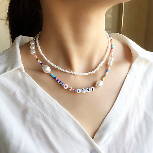 

Women's Choker Necklace Beaded Necklace Handmade Heart Love Lucky Blessed Luxury Colorful Romantic Fashion Imitation Pearl Resin Glass White 43 cm Necklace Jewelry 2pcs For Street Engagement Birthday