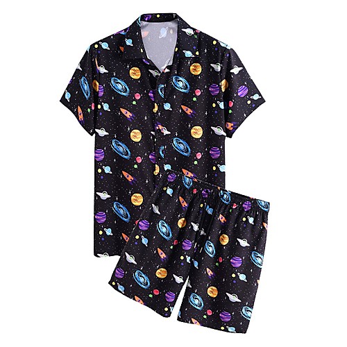 

Men's Set Other Prints Striped Short Sleeve Daily Tops Basic Black