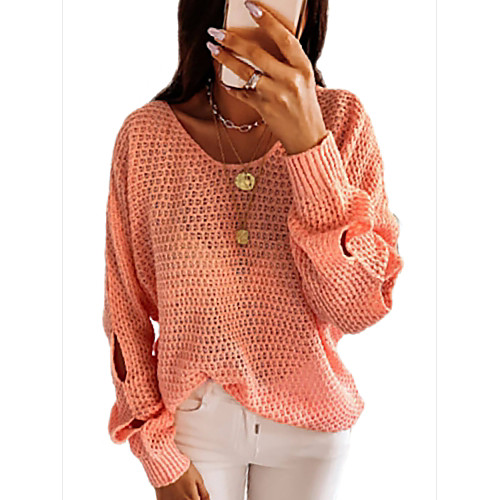 

Women's Basic Knitted Hollow Out Solid Color Plain Pullover Long Sleeve Sweater Cardigans Crew Neck Round Neck Fall Winter Orange