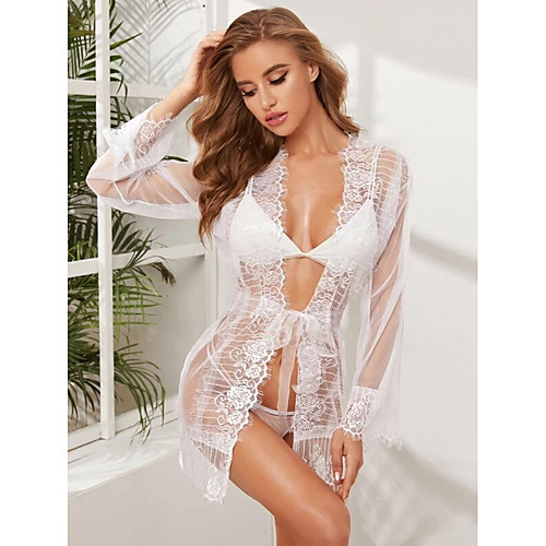 

Women's Mesh Lace Robes Nightwear Solid Colored Embroidered White S M L