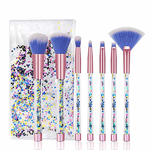 

cute makeup brush set 7pcs, professional make up brushes quicksand sequins acrylic handle eye shadow blending concealer face fan special blue cosmetic brush for girl