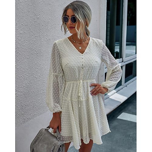 

Women's A Line Dress Short Mini Dress Black Wine Army Green Beige Long Sleeve Solid Color Ruched Fall V Neck Casual Lantern Sleeve 2021 S M L XL
