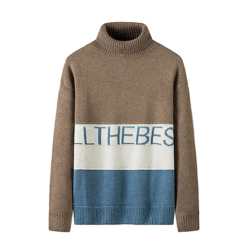 

Men's Stylish Basic Oversized Knitted Color Block Letter Pullover Acrylic Fibers Long Sleeve Sweater Cardigans Turtleneck Fall Winter Black Khaki Beige