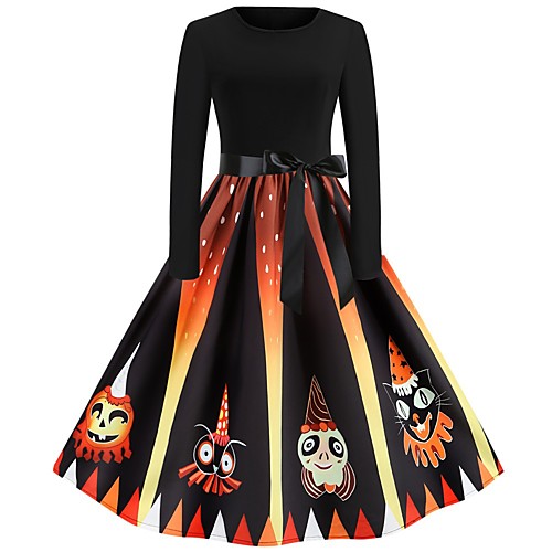 

Women's Halloween A Line Dress Knee Length Dress Red Orange Long Sleeve Cat Pumpkin Print Print Fall Round Neck Hot Vintage 2021 S M L XL XXL