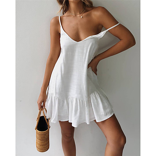

Women's Strap Dress Short Mini Dress Yellow White Sleeveless Solid Color Backless Summer V Neck Hot Casual Sexy Going out 2021 S M L XL