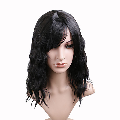 

Synthetic Wig Loose Curl Asymmetrical With Bangs Wig Medium Length Natural Black Synthetic Hair 14 inch Women's Fashionable Design Party Fluffy Black