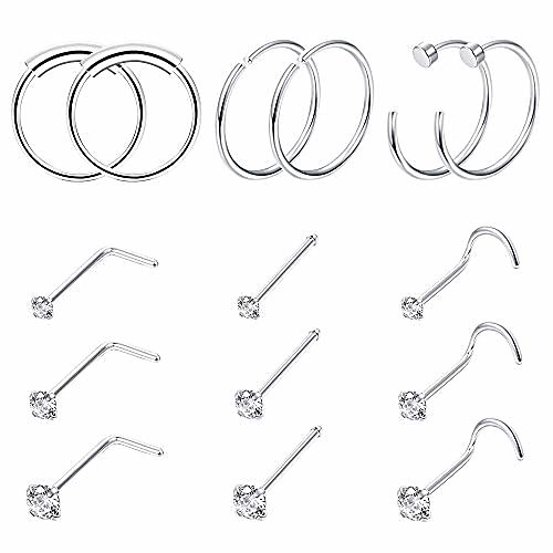 

10pcs 22g surgical steel nose rings hoop studs cartilage earrings body piercing jewelry silver tone