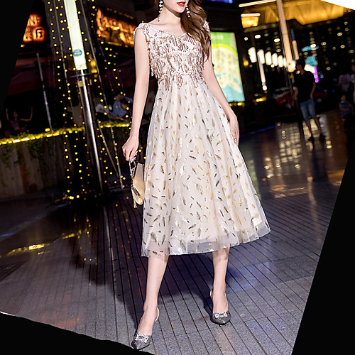 

A-Line Glittering Vintage Homecoming Cocktail Party Dress V Neck Sleeveless Tea Length Tulle with Sequin Tassel 2021