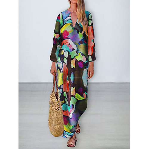 

Women's Swing Dress Maxi long Dress Rainbow 3/4 Length Sleeve Print Patchwork Button Print Fall V Neck Hot Casual 2021 S M L XL XXL 3XL
