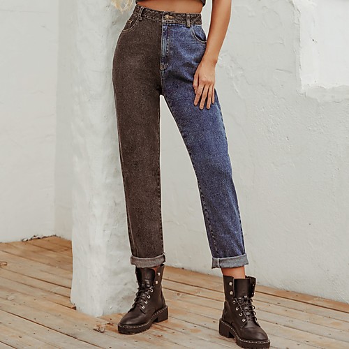 

Women's Basic Comfort Daily Jeans Pants Solid Colored Full Length Patchwork Blue