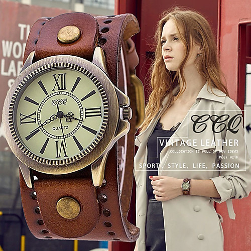

vintage leather strap wide band wristwatch cuff quartz watch for men - brown