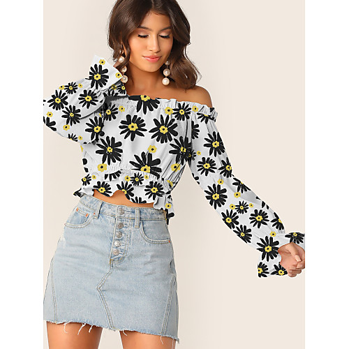 

Women's Crop Top Floral Graphic Prints Flower Long Sleeve Ruffle Print Off Shoulder Tops Basic Basic Top White Black Yellow
