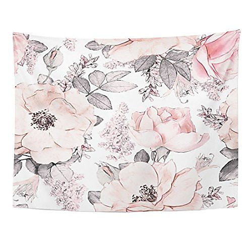 

tapestry pink flowers and leaves on watercolor floral pattern rose home decor wall hanging for living room bedroom dorm 60x80 inches