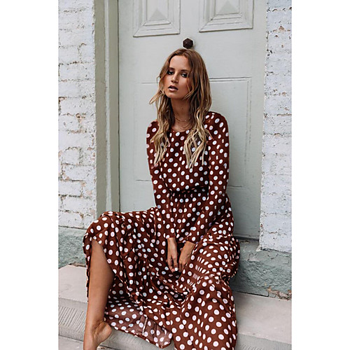 

Women's Swing Dress Midi Dress Brown Long Sleeve Polka Dot Ruffle Print Fall Spring Round Neck Hot Casual Boho 2021 S M L XL