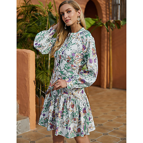 

Women's A Line Dress Short Mini Dress Green Long Sleeve Floral Ruffle Print Fall Winter Round Neck Casual Lantern Sleeve 2021 S M L XL