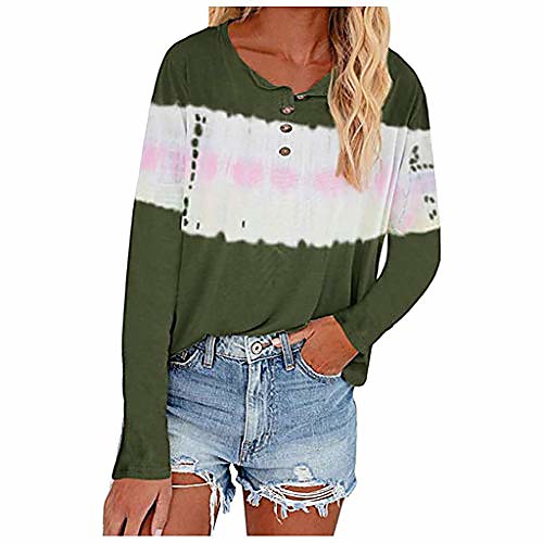 

womens t-shirts, tie-dye scoop neck-henley shirts summer casual long sleeve button tops e-scenery army green