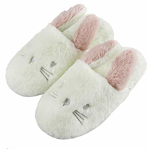 

white bunny women slippers cozy fleece memory foam rabbit animal plush indoor outdoor house shoes gift for lady girls