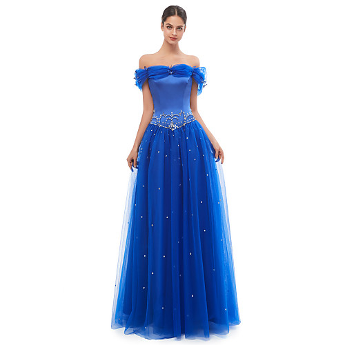 

A-Line Elegant Vintage Prom Formal Evening Dress Off Shoulder Sleeveless Floor Length Tulle with Appliques 2021