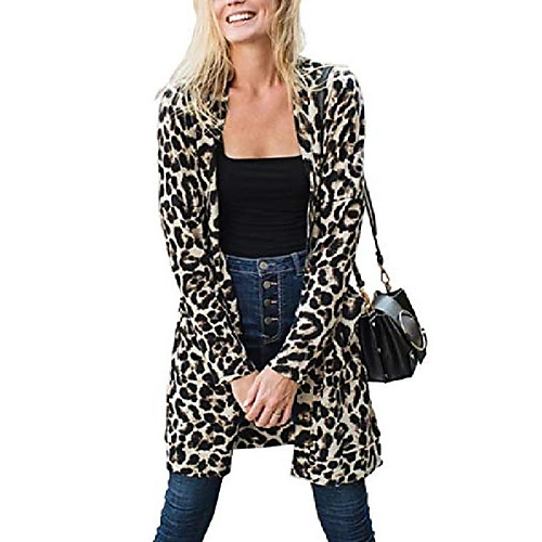 

women's cardigan leopard printed women cardigans coat open front long sleeve blouse top with pockets grey l