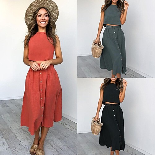 

Women's Basic Solid Color Two Piece Set Tank Skirt Patchwork Tops