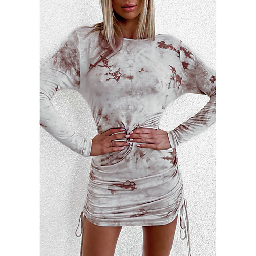 

Women's Sheath Dress Short Mini Dress White Long Sleeve Print Ruched Summer Round Neck Casual 2021 S M L XL