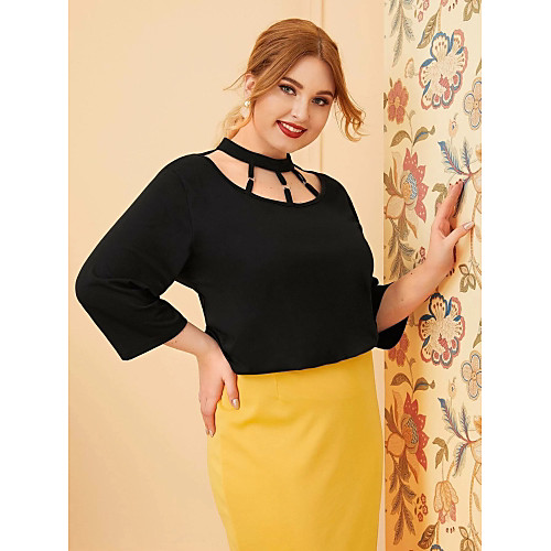 

Women's Going out Plus Size Blouse Shirt Solid Colored Patchwork Round Neck Tops Slim Basic Basic Top Black