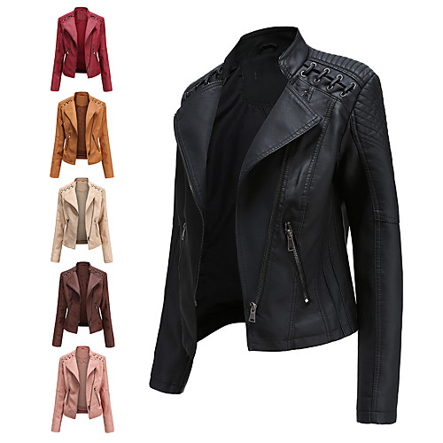 

Women's Solid Colored Basic Fall & Winter Faux Leather Jacket Regular Daily Long Sleeve Faux Leather Coat Tops Light Pink