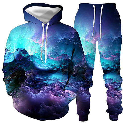

Men's Activewear Set Graphic 2 Piece Daily Club 3D Print Casual Hoodies Sweatshirts Blue
