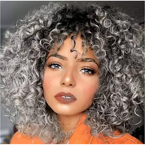 

Synthetic Wig Afro Curly Middle Part Wig Long Medium Length Grey Synthetic Hair 65 inch Women's Highlighted / Balayage Hair Dark Roots Middle Part Dark Gray