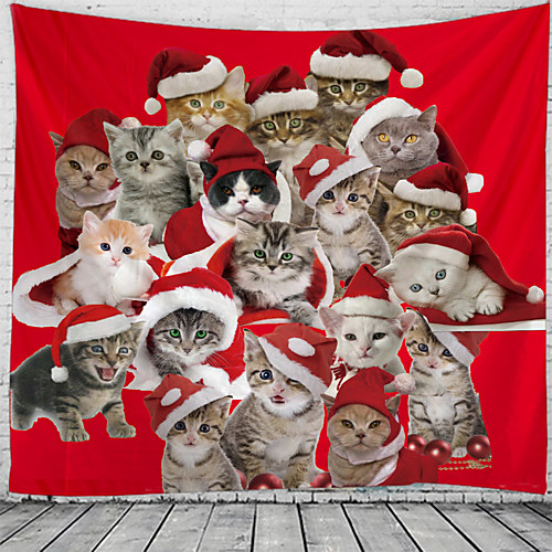 

Christmas Santa Claus Holiday Party Wall Tapestry Art Decor Blanket Curtain Picnic Tablecloth Hanging Home Bedroom Living Room Dorm Decoration Cute Cat Polyester