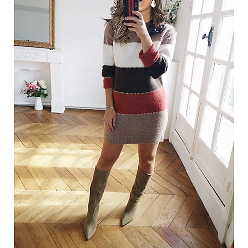 

Women's Sweater Jumper Dress Knee Length Dress Blue Red Green Brown Long Sleeve Color Block Fall Winter Round Neck Hot Casual 2021 S M L XL XXL 3XL