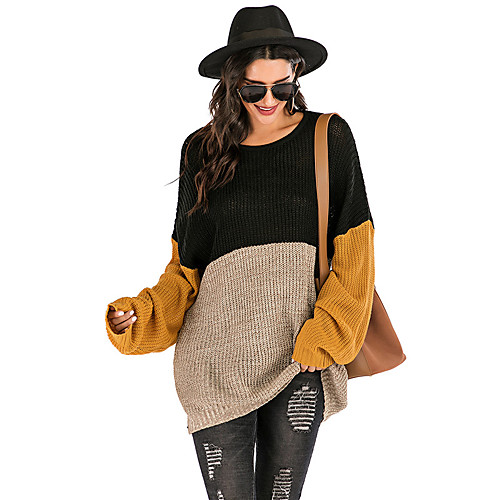 

Women's Basic Knitted Color Block Pullover Long Sleeve Sweater Cardigans Crew Neck Round Neck Fall Winter Black Wine Khaki