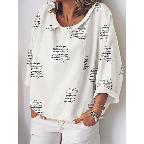 

Women's Blouse Shirt Letter Long Sleeve Print Shirt Collar Tops Basic Top White