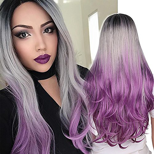 

purple ombre wig for women long wavy ombre cosplay wig middle part synthetic wig heat resistant dark roots three tone women natural hair wigs …