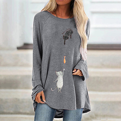 

Women's T shirt Dress Tunic T shirt Animal Long Sleeve Print Round Neck Tops Cotton Basic Basic Top Gray