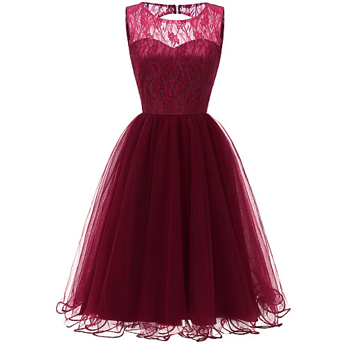 

A-Line Minimalist Elegant Party Wear Cocktail Party Valentine's Day Dress Illusion Neck Sleeveless Short / Mini Lace with Pleats 2021