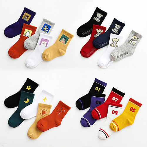 

Kids Athletic Sports Socks 5 Pairs Long Boys' Girls' Crew Socks Tube Socks Breathable Sweat wicking Comfortable Gym Workout Basketball Running Skateboarding Sports Cartoon Solid Colored Cotton Rainbow
