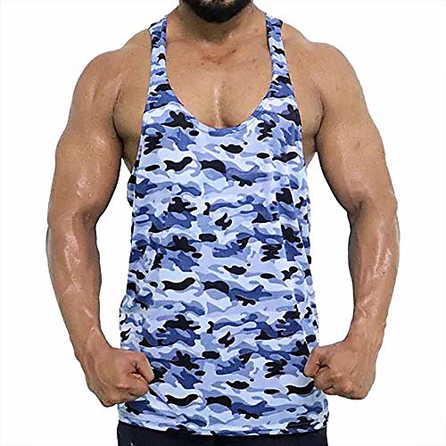 

men's gym muscle vest bodybuiding stringer athletic workout fitness tank tops (xxl, camo blue)