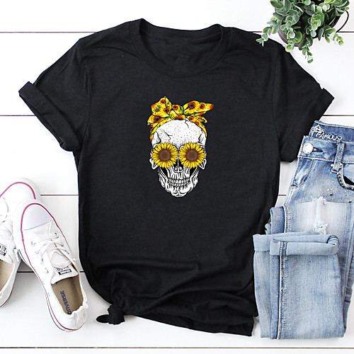 

Women's Halloween T shirt Graphic Skull Print Round Neck Tops 100% Cotton Basic Halloween Basic Top White Black Blushing Pink