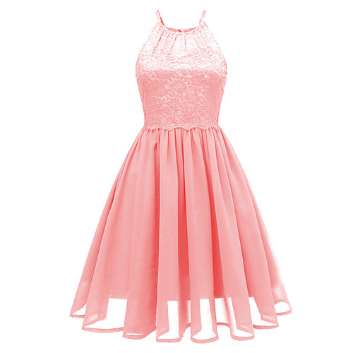

A-Line Minimalist Elegant Party Wear Cocktail Party Dress Halter Neck Sleeveless Short / Mini Lace with Pleats 2021