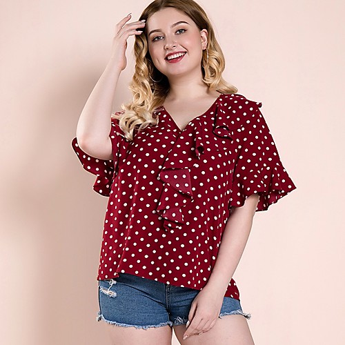

Women's Plus Size Blouse Shirt Polka Dot Ruffle Print V Neck Tops Loose Basic Basic Top Red