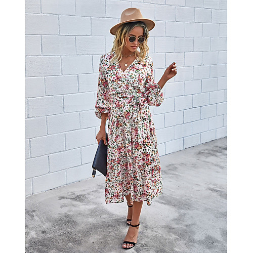 

Women's A Line Dress Midi Dress White Black Blue Red Wine Brown Long Sleeve Print Ruched Print Fall V Neck Hot Casual Cotton 2021 S M L XL